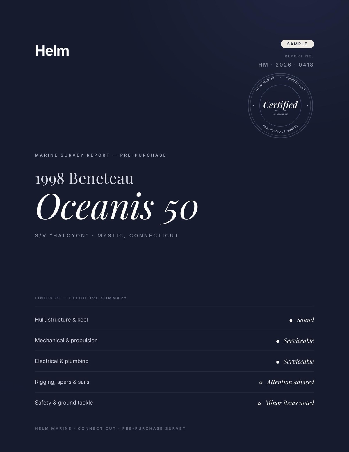 Helm marine survey report — sample cover, 1998 Beneteau Oceanis 50