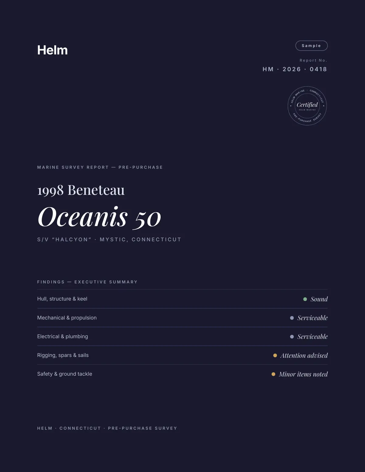 Helm marine survey report sample cover, 1998 Beneteau Oceanis 50